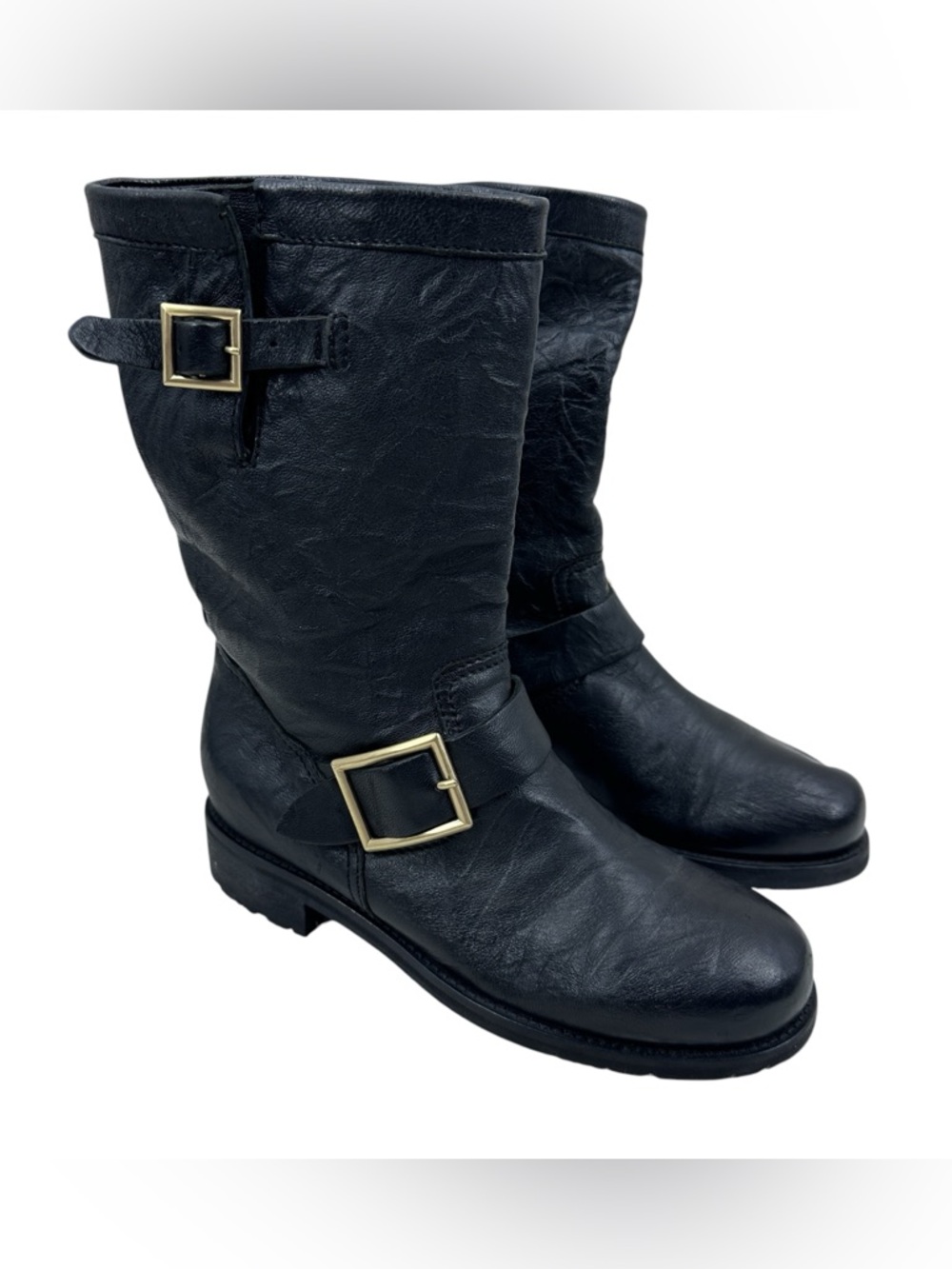 JIMMY CHOO Bishr Biker Boots Leather Italy Mid Calf Black with Gold Buckles